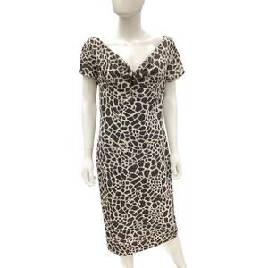 St.John Evening Dress Women’s SZ 10 Fine Knit Cap Sleeve Midi Animal Print Studs
